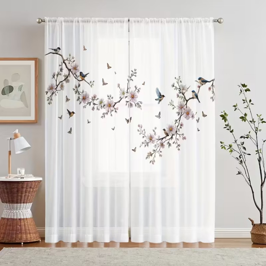 Garden Camera - 2PCS Digital Print Sheer Curtain, Flower